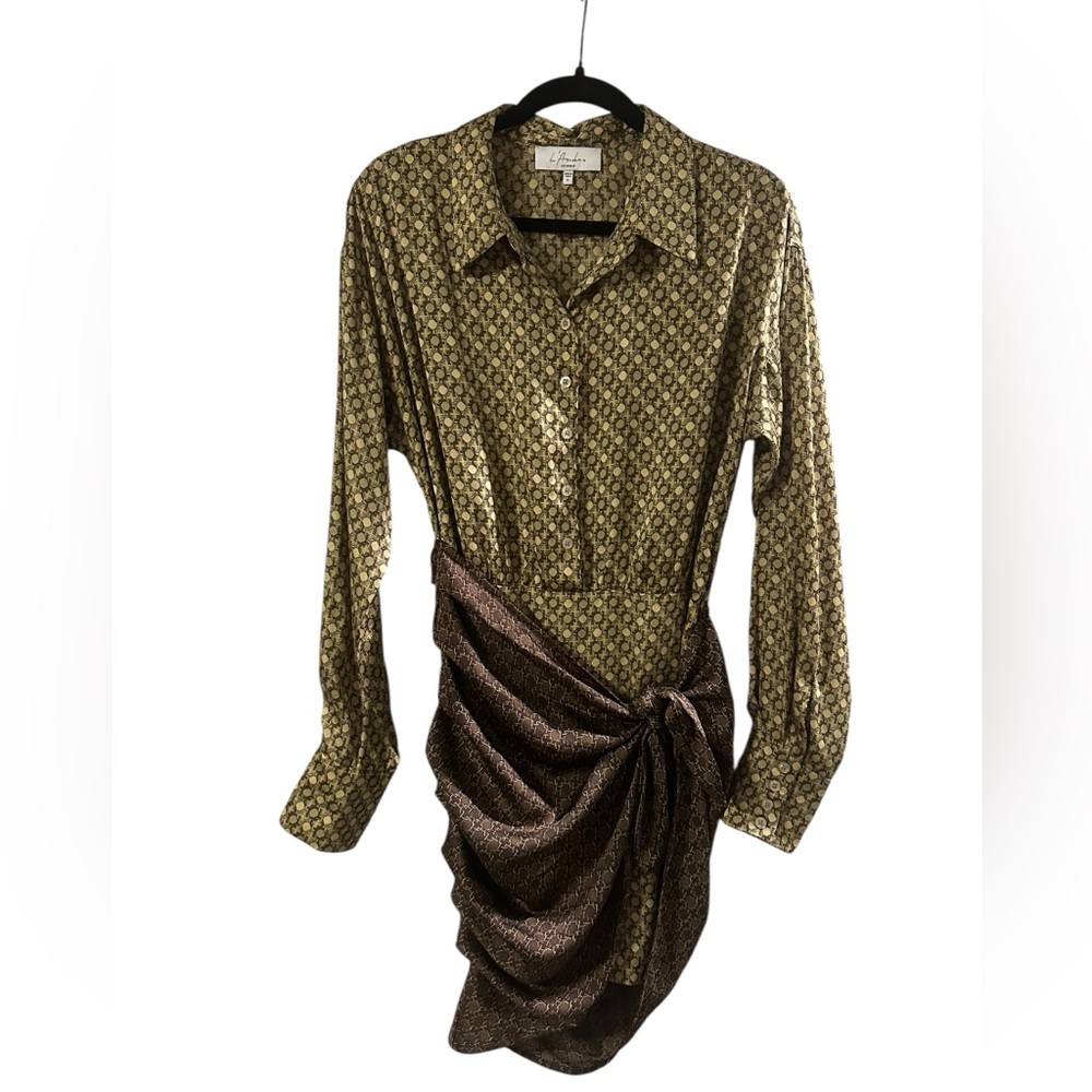 L'Academie The Kamille Mini Dress in Tan & Brown Chain - Size M